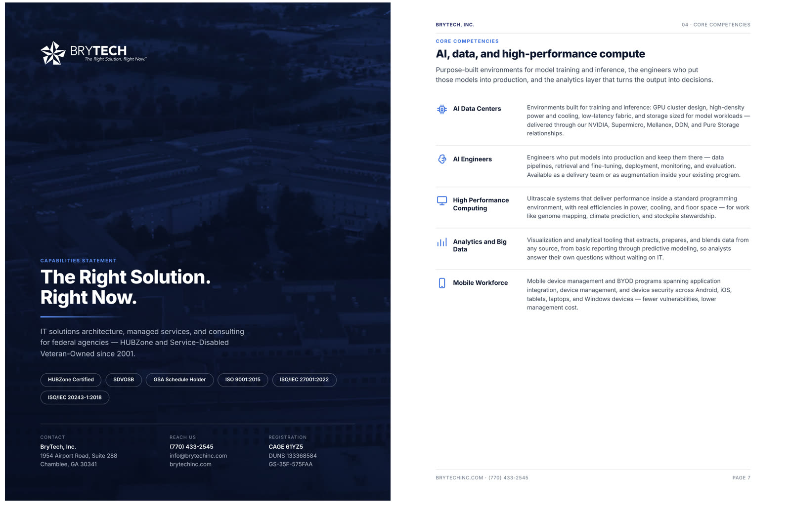The redesigned capabilities statement — dark duotone cover beside an interior competencies spread