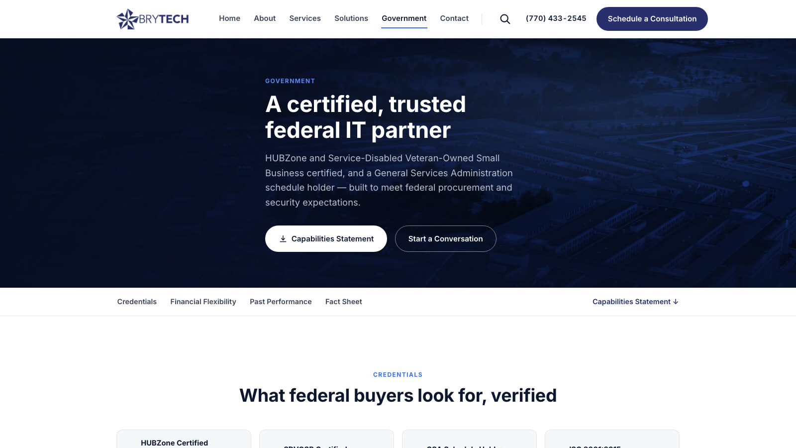 The rebuilt Government page with a sticky section sub-nav over a duotone Pentagon aerial