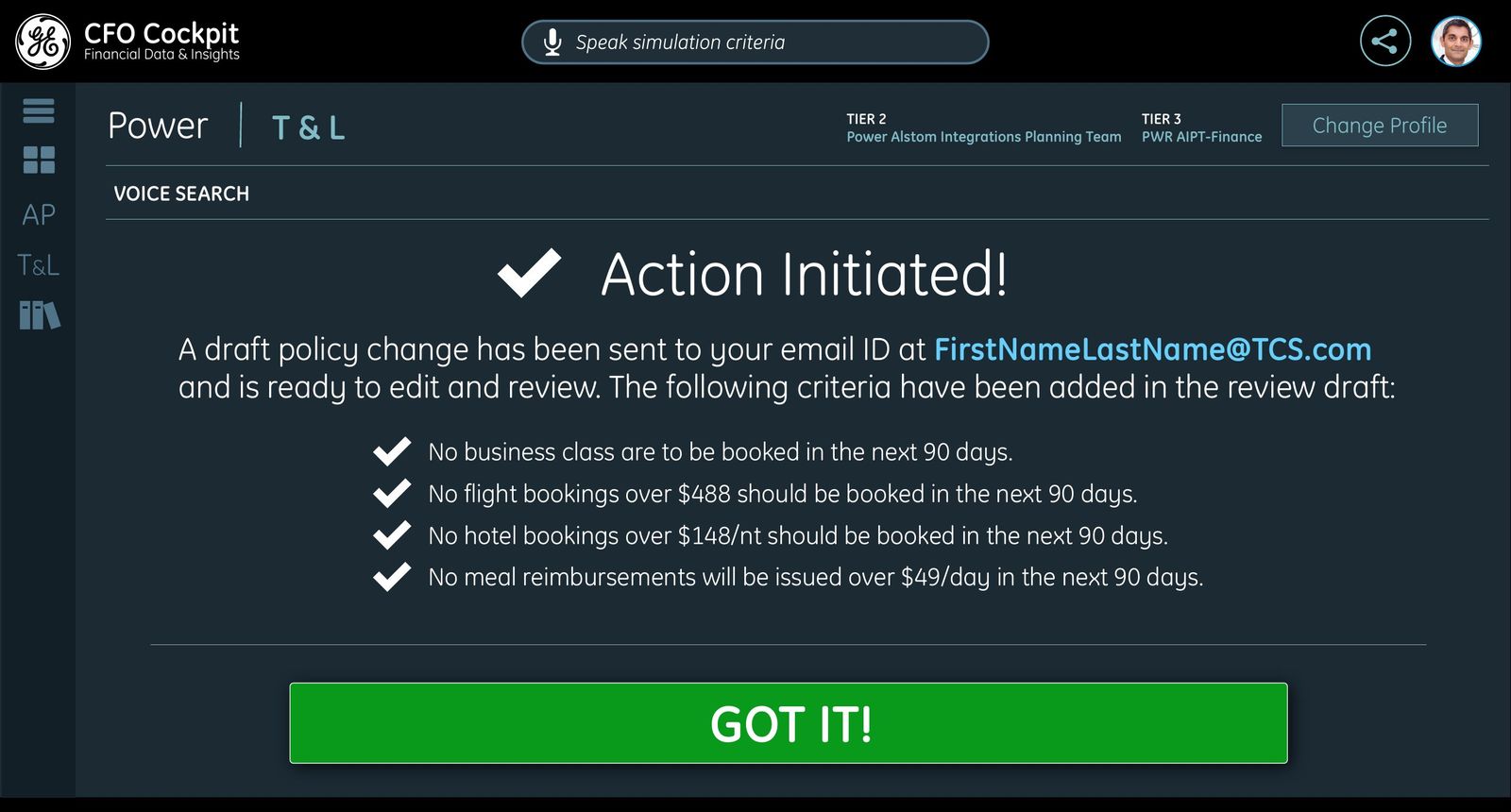 Action initiated confirmation drafting a policy change for review