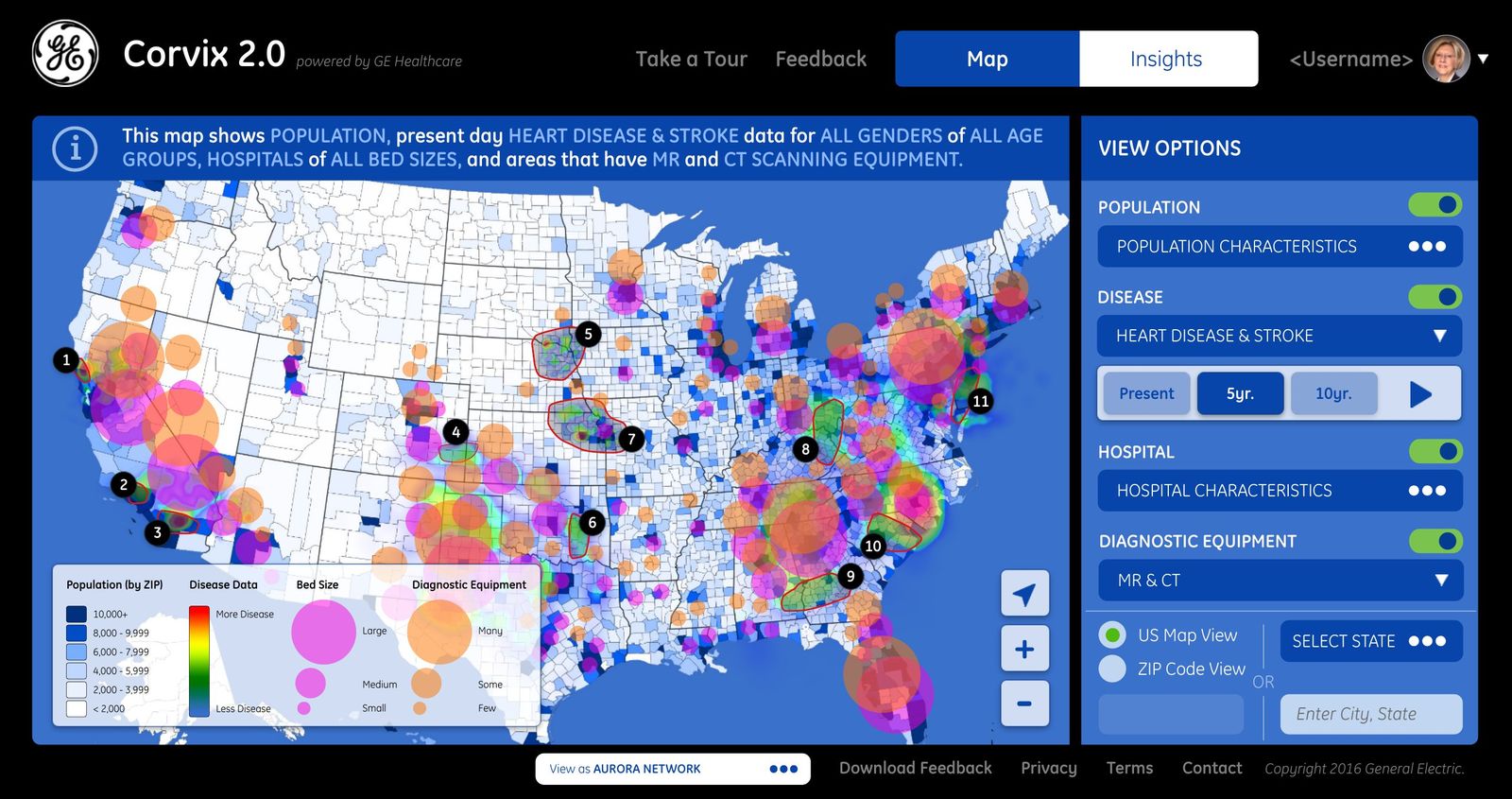 Corvix 2.0 national map layering population, disease, and hospital data