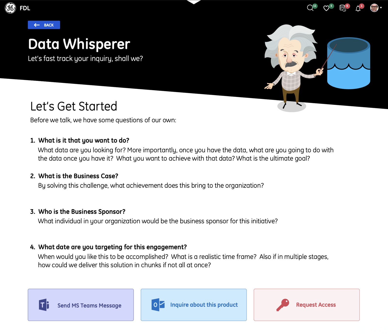 Data Whisperer — guided data-request intake with an Einstein character and structured qualifying questions